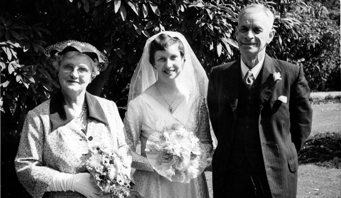 Anne Simpson on her wedding day in 1956, with mother Margaret and dad Percy Anne Simpson's wedding day in 1956 at Allendale Rd, Mt Albert