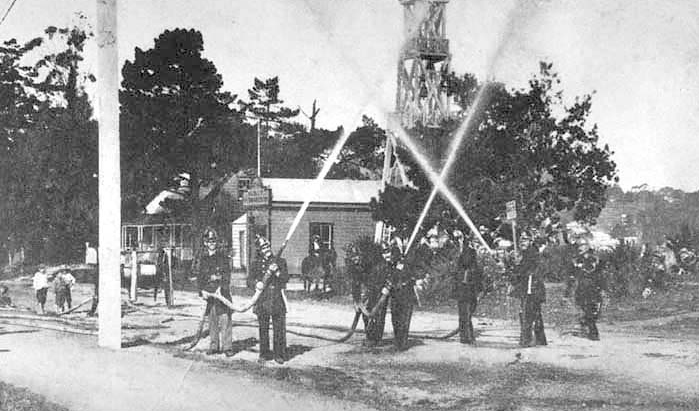 Mt Albert Volunteer firemen at practice 1910