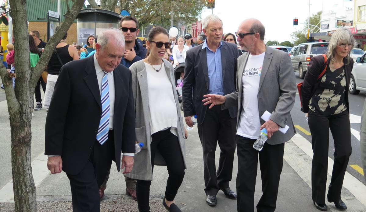 Jacinda Ardern at the village upgrade with Albert Eden Local Board chair Peter Haynes and Maytor Phil Goff. Jacinda Ardern at Mt Albert village upgrade