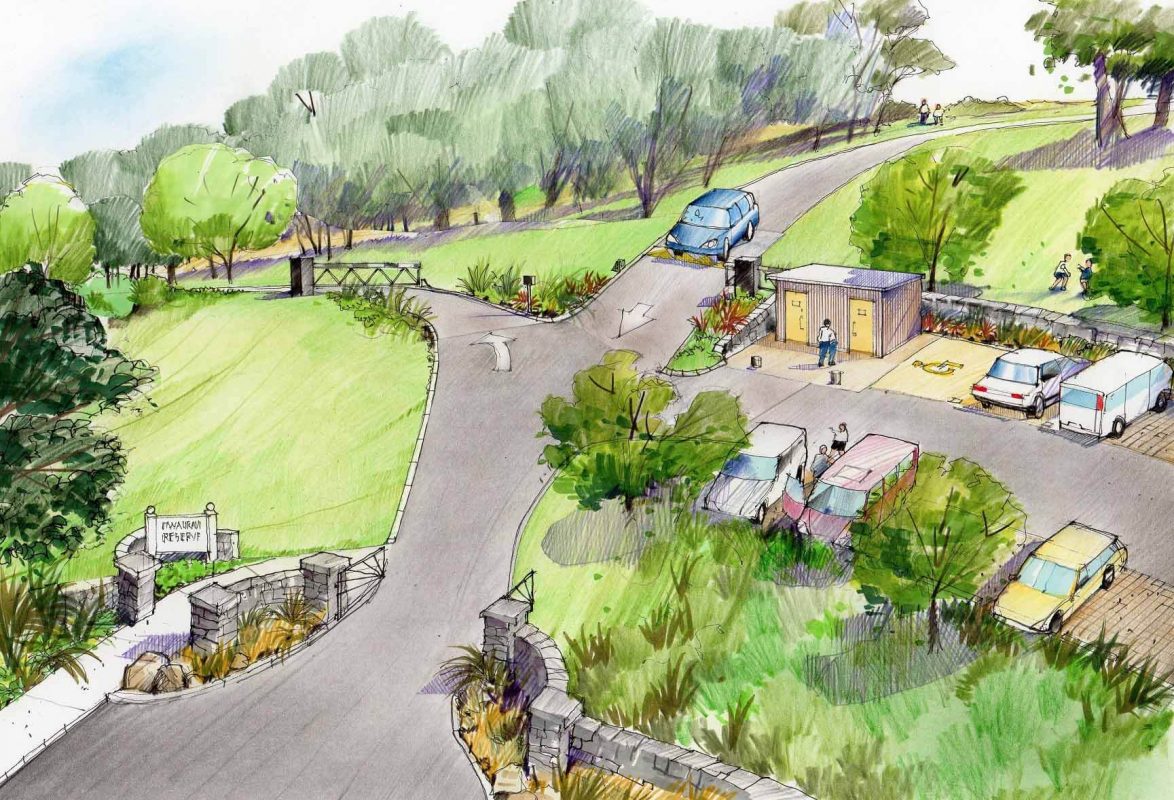 Artist’s drawing of a car-free mountain Owairaka car-free