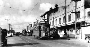 Tram in Mt Albert village 1955