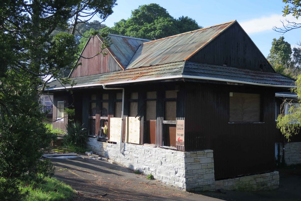 Burnt-out ruins of the old Four Kauris Medical Centre